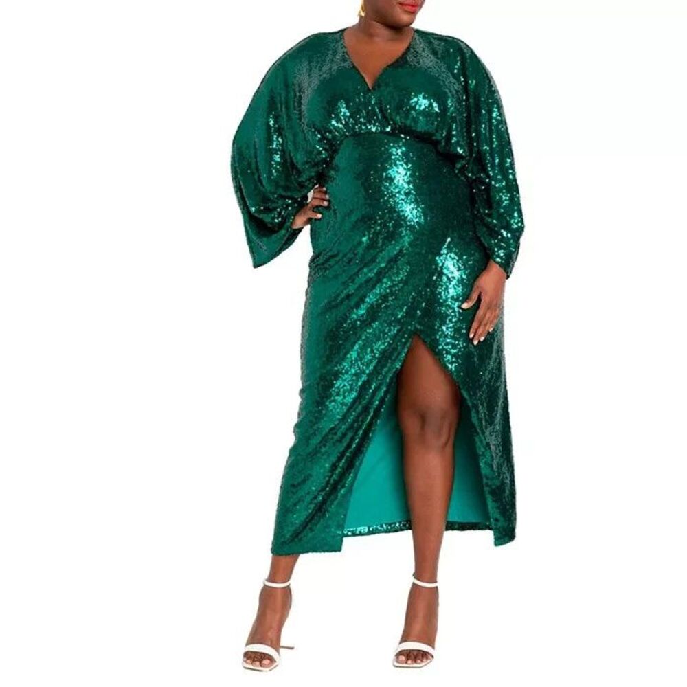 Eloquii Size 26 Green Sequin Dress dolman sleeves wrap slit formal fancy evening